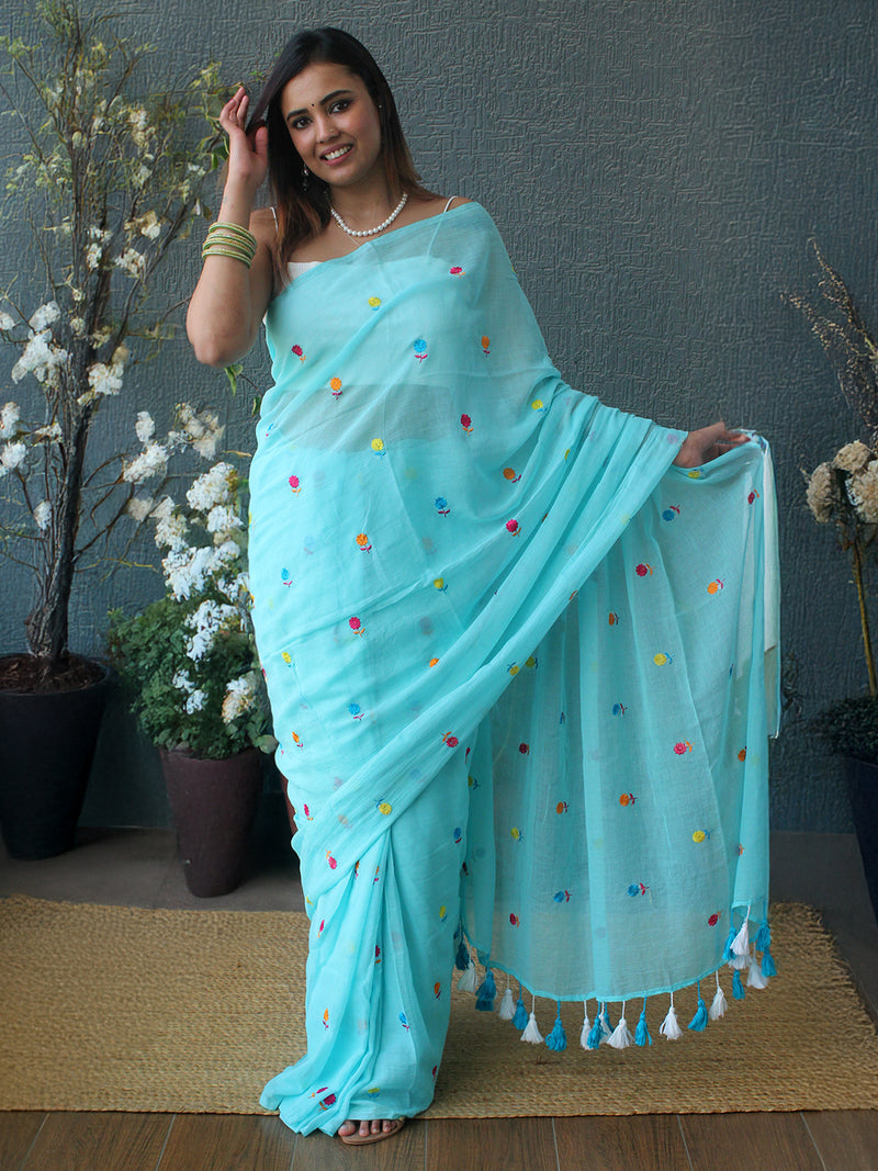 Blue Embroidered Mul Mul Cotton Saree