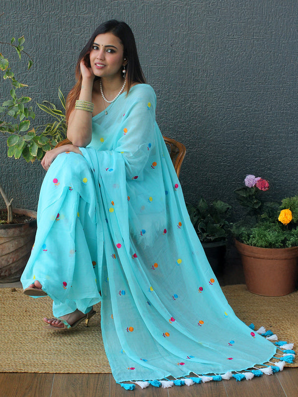 Blue Embroidered Mul Mul Cotton Saree