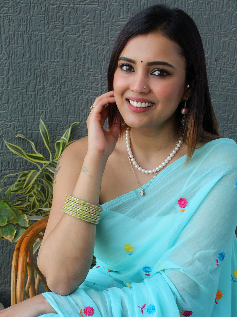 Blue Embroidered Mul Mul Cotton Saree