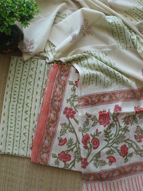 Off - White Bagru Hand Block Printed Dress Material With Cotton Dupatta - Weaves of Tradition