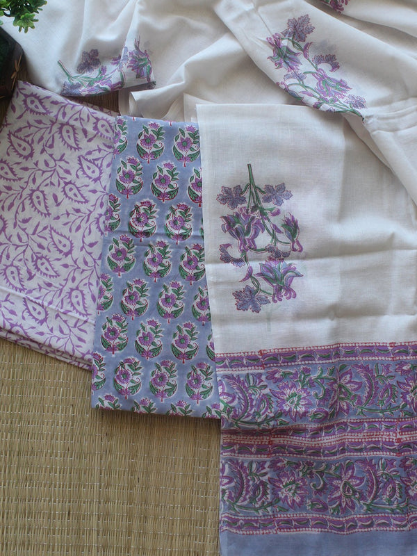 Lavender Bagru Hand Block Printed Dress Material With Cotton Dupatta - Weaves of Tradition