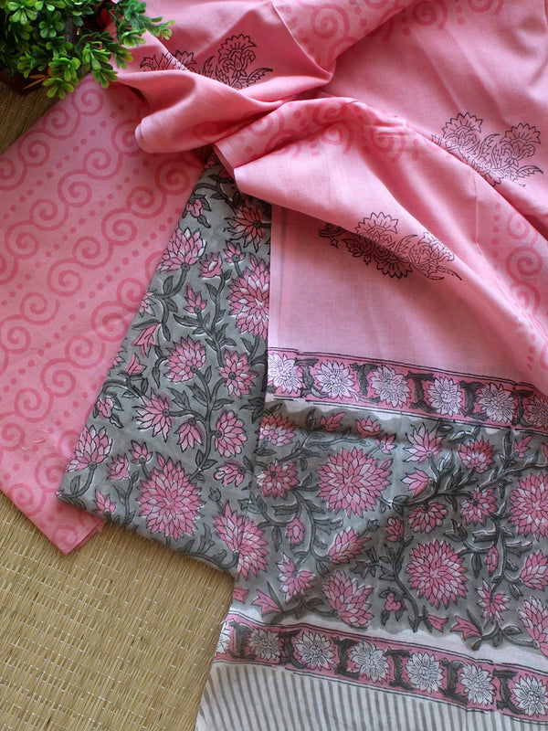 Grey Bagru Hand Block Printed Dress Material With Cotton Dupatta - Weaves of Tradition