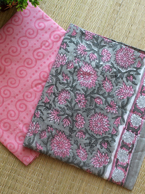 Grey Bagru Hand Block Printed Dress Material With Cotton Dupatta - Weaves of Tradition