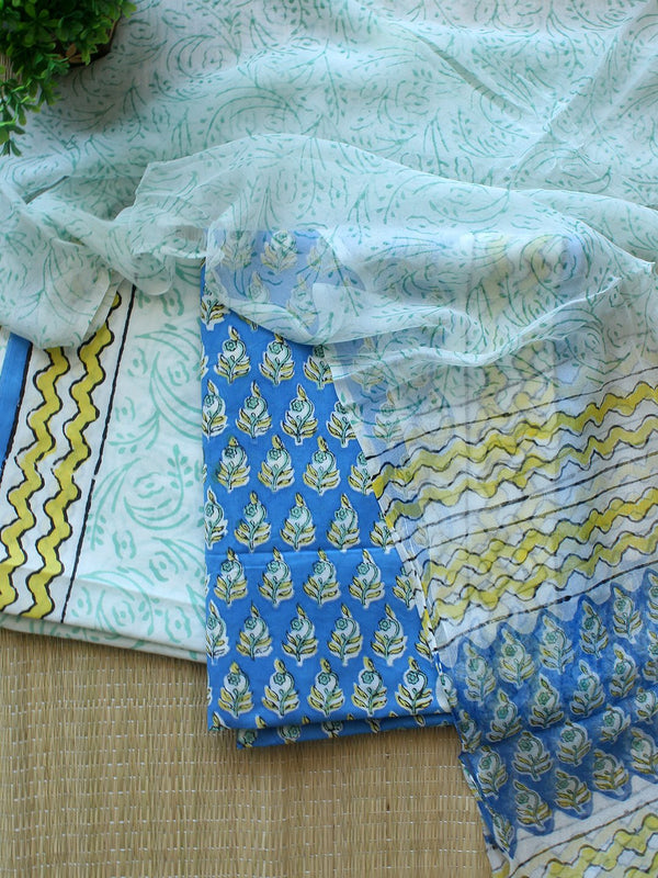 Blue Bagru Hand Block Printed Dress Material With Cotton Dupatta - Weaves of Tradition