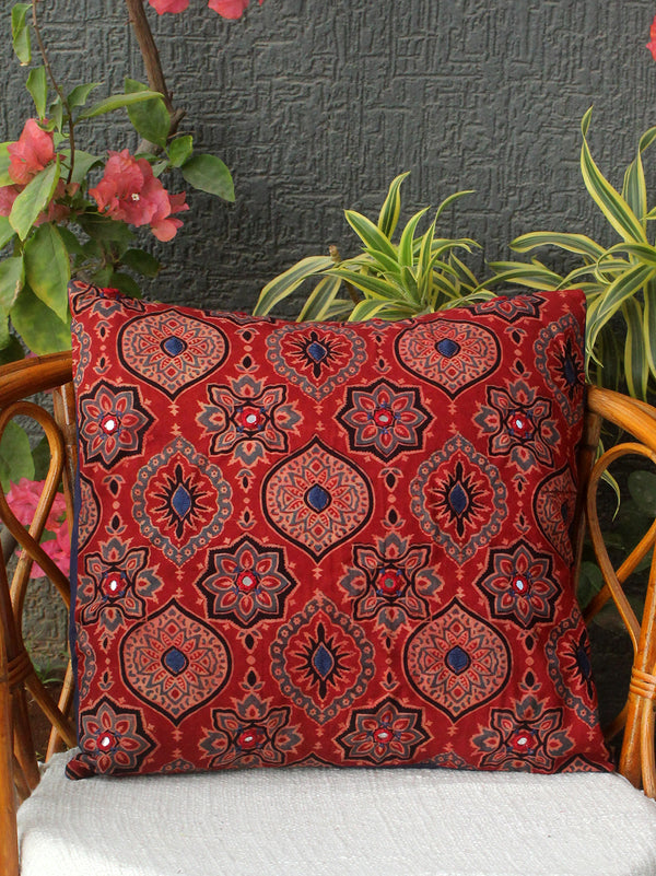 Red Ajrakh Hand Block Printed Embroidered Cotton Cushion Cover (16 inches x 16 inches)