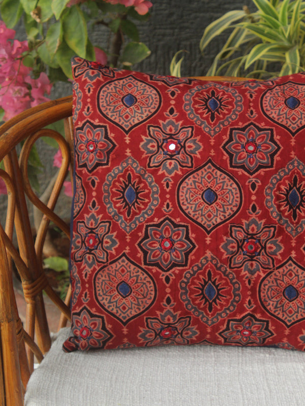 Red Ajrakh Hand Block Printed Embroidered Cotton Cushion Cover (16 inches x 16 inches)