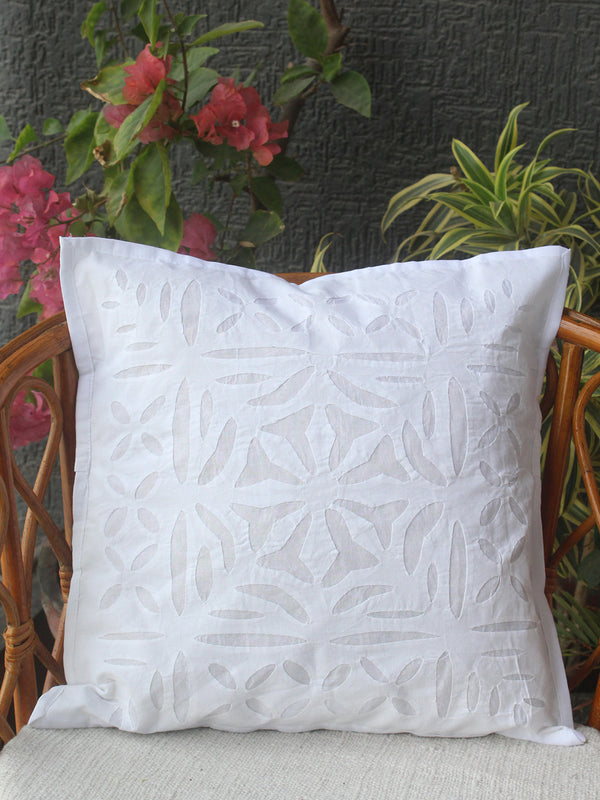 White Applique Cotton Cushion Cover (16 IN X 16 IN)