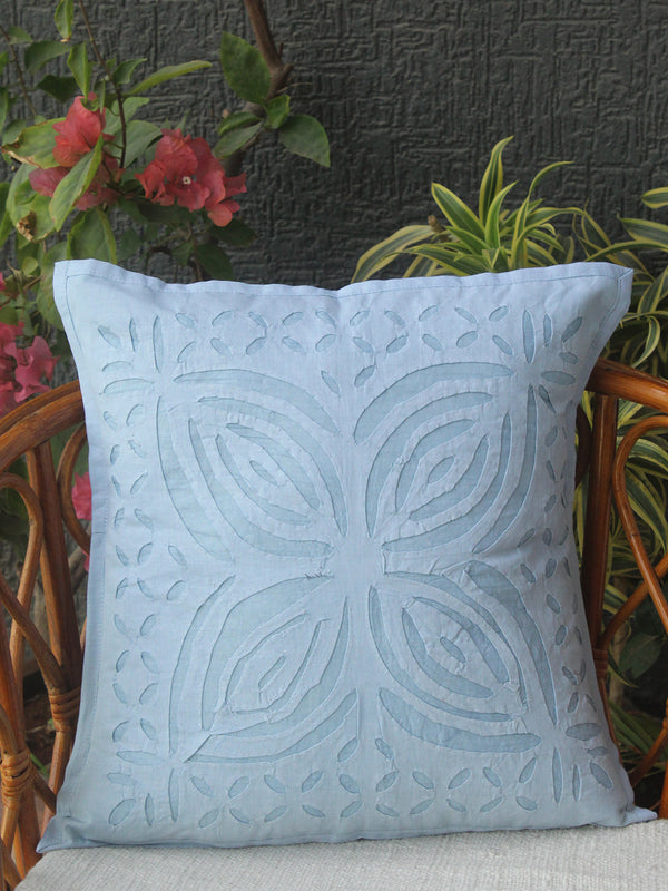 Blue Applique Cotton Cushion Cover (16 IN X 16 IN)