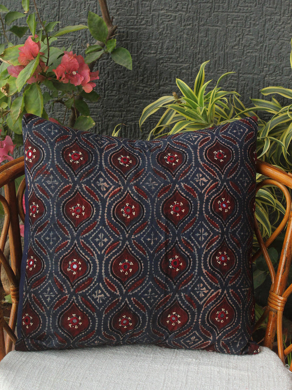 Indigo Ajrakh Hand Block Printed Embroidered Cotton Cushion Cover (16 inches x 16 inches)