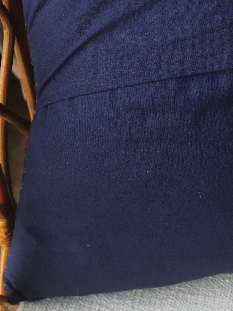 Indigo Ajrakh Hand Block Printed Embroidered Cotton Cushion Cover (16 inches x 16 inches)