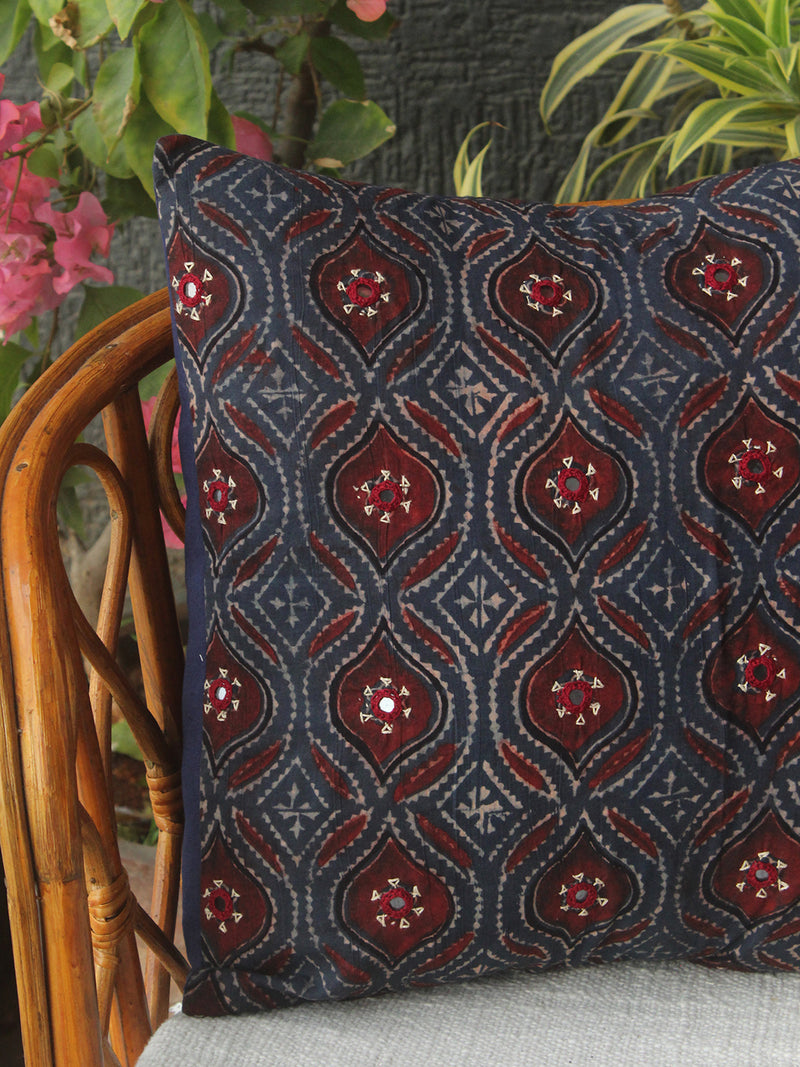 Indigo Ajrakh Hand Block Printed Embroidered Cotton Cushion Cover (16 inches x 16 inches)