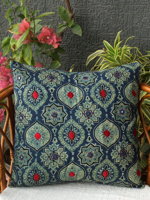Indigo Ajrakh Hand Block Printed Embroidered Cotton Cushion Cover (16 inches x 16 inches)