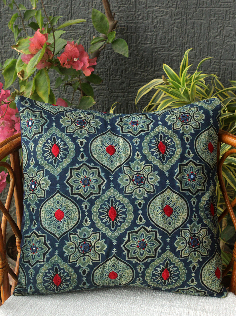 Indigo Ajrakh Hand Block Printed Embroidered Cotton Cushion Cover (16 inches x 16 inches)