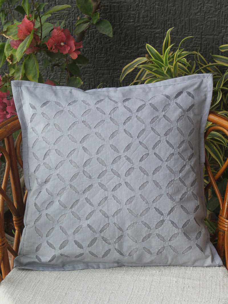 Grey Applique Cotton Cushion Cover (16 IN X 16 IN)