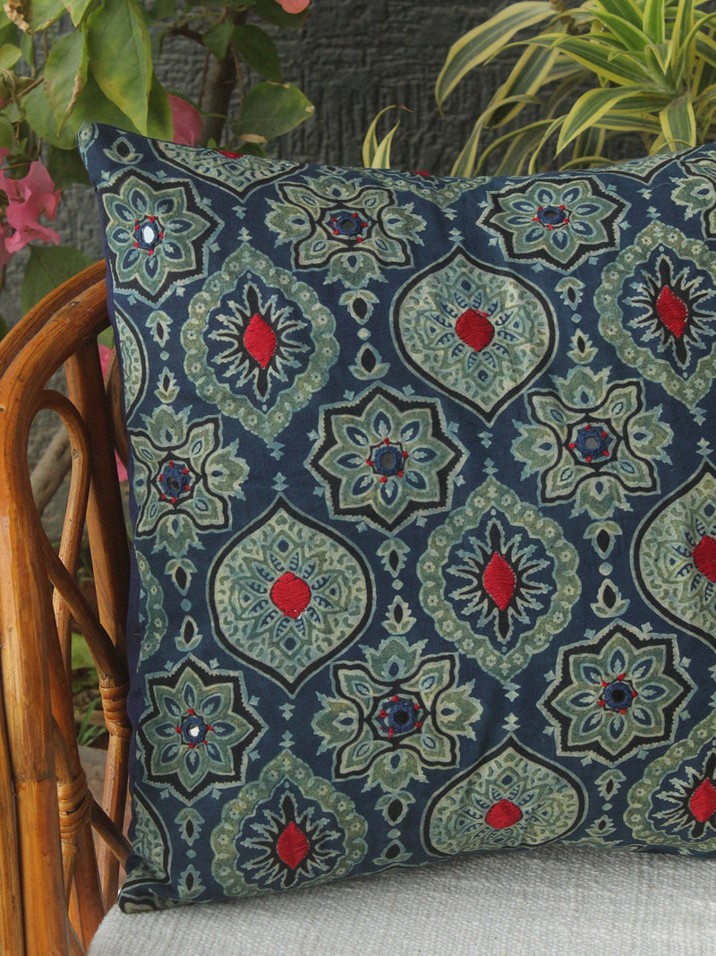 Indigo Ajrakh Hand Block Printed Embroidered Cotton Cushion Cover (16 inches x 16 inches)