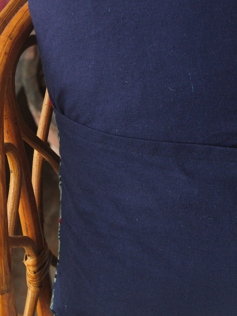 Indigo Ajrakh Hand Block Printed Embroidered Cotton Cushion Cover (16 inches x 16 inches)