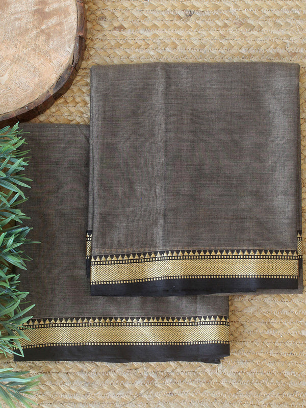 Beige and Black Dharwad Cotton Dress Material With Woven Border