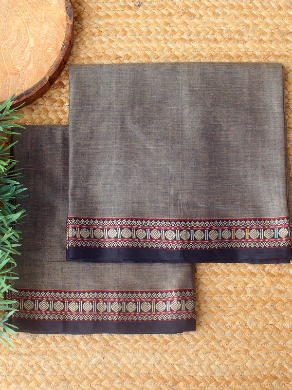 Beige and Black Dharwad Cotton Dress Material With Woven Border