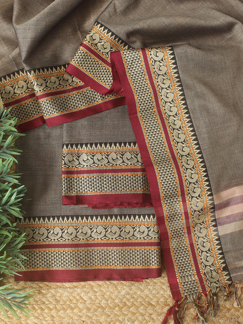 Beige and Black Dharwad Cotton Dress Material With Woven Border – Weaves of Tradition