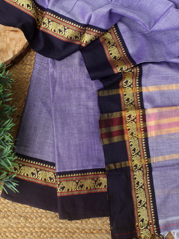 Violet Dharwad Cotton Dress Material With Elephant Borders