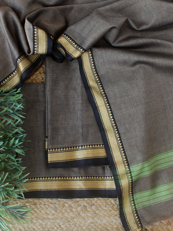 Beige and Black Dharwad Cotton Dress Material With Woven Border