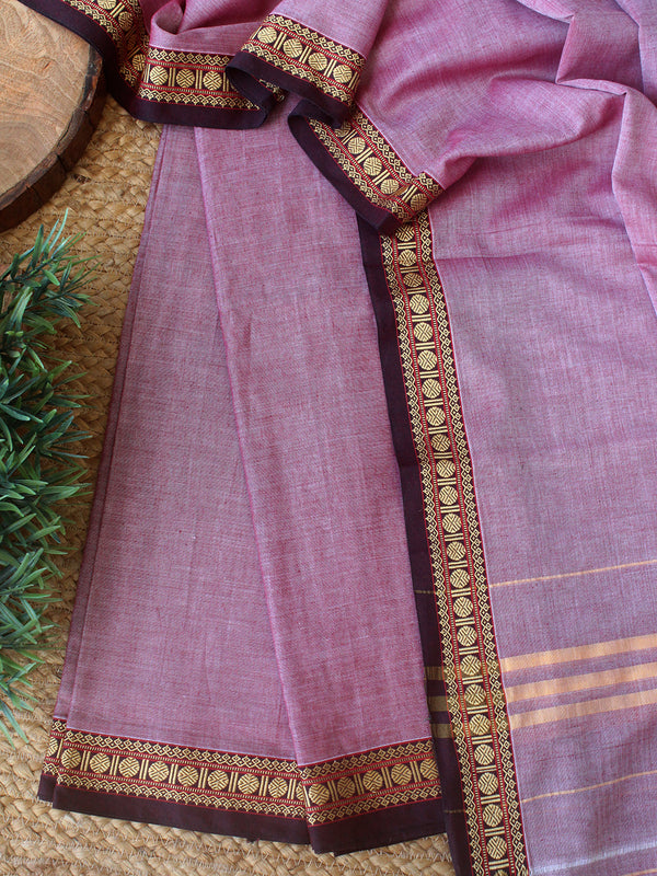 Purple and White Dharwad Cotton Dress Material With Woven Borders