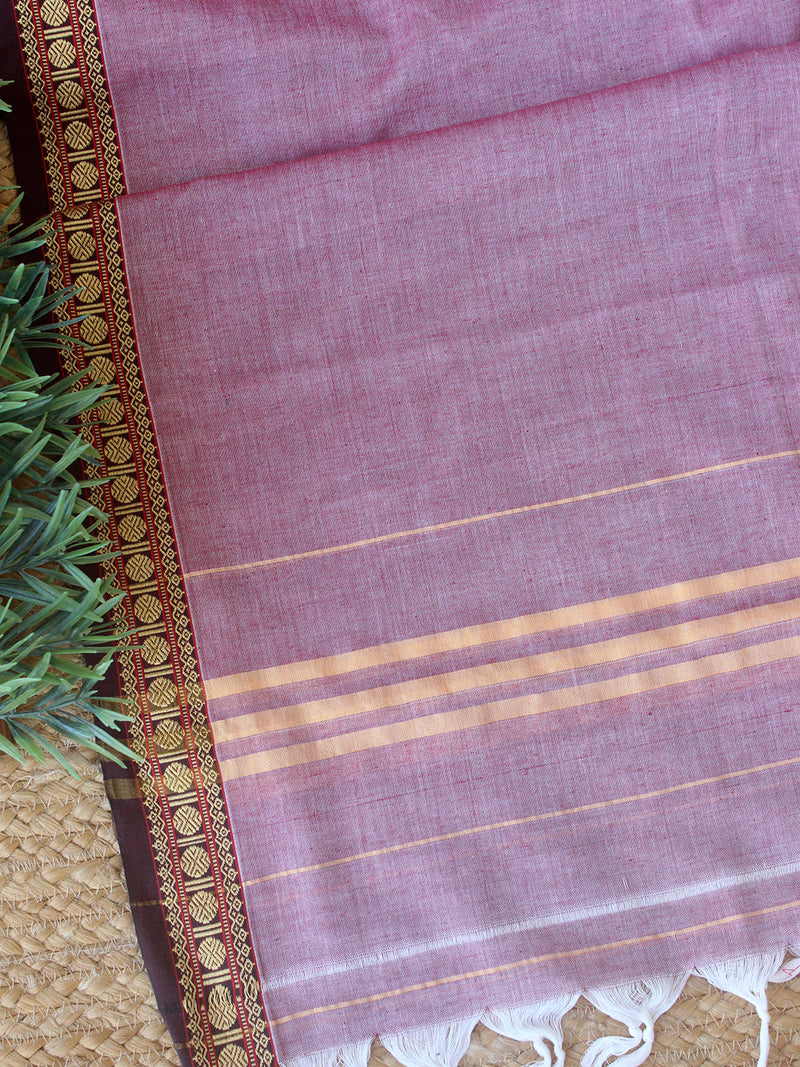 Purple and White Dharwad Cotton Dress Material With Woven Borders