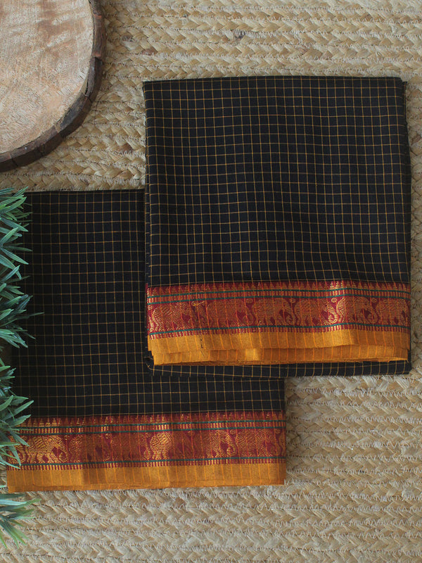 Black Checks Dharwad Cotton Dress Material With Elephant Border