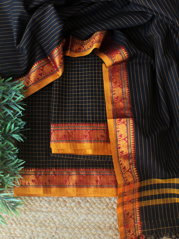 Black Checks Dharwad Cotton Dress Material With Elephant Border