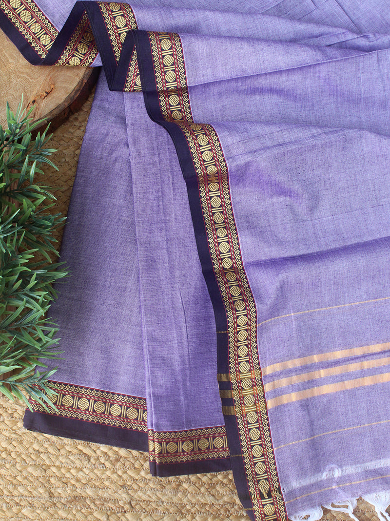 Violet Dharwad Cotton Dress Material With Woven Borders