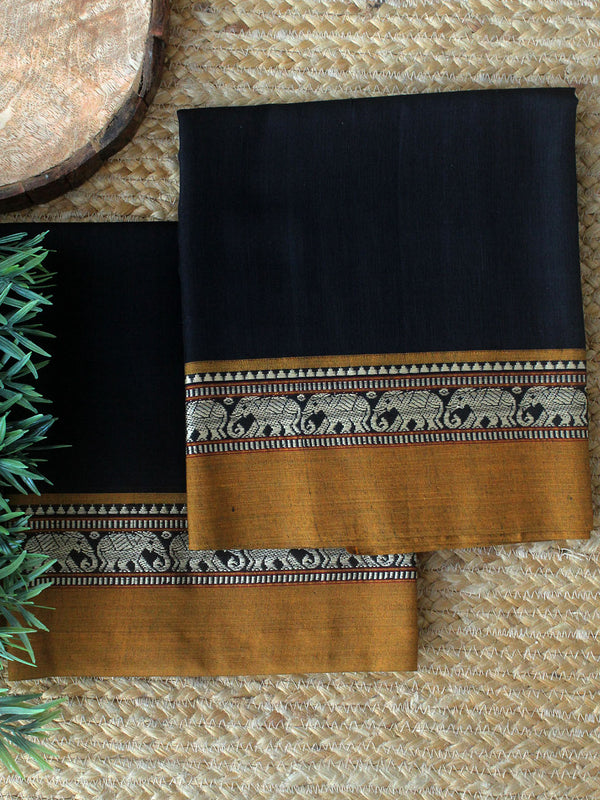 Black Dharwad Cotton Dress Material With Elephant Borders
