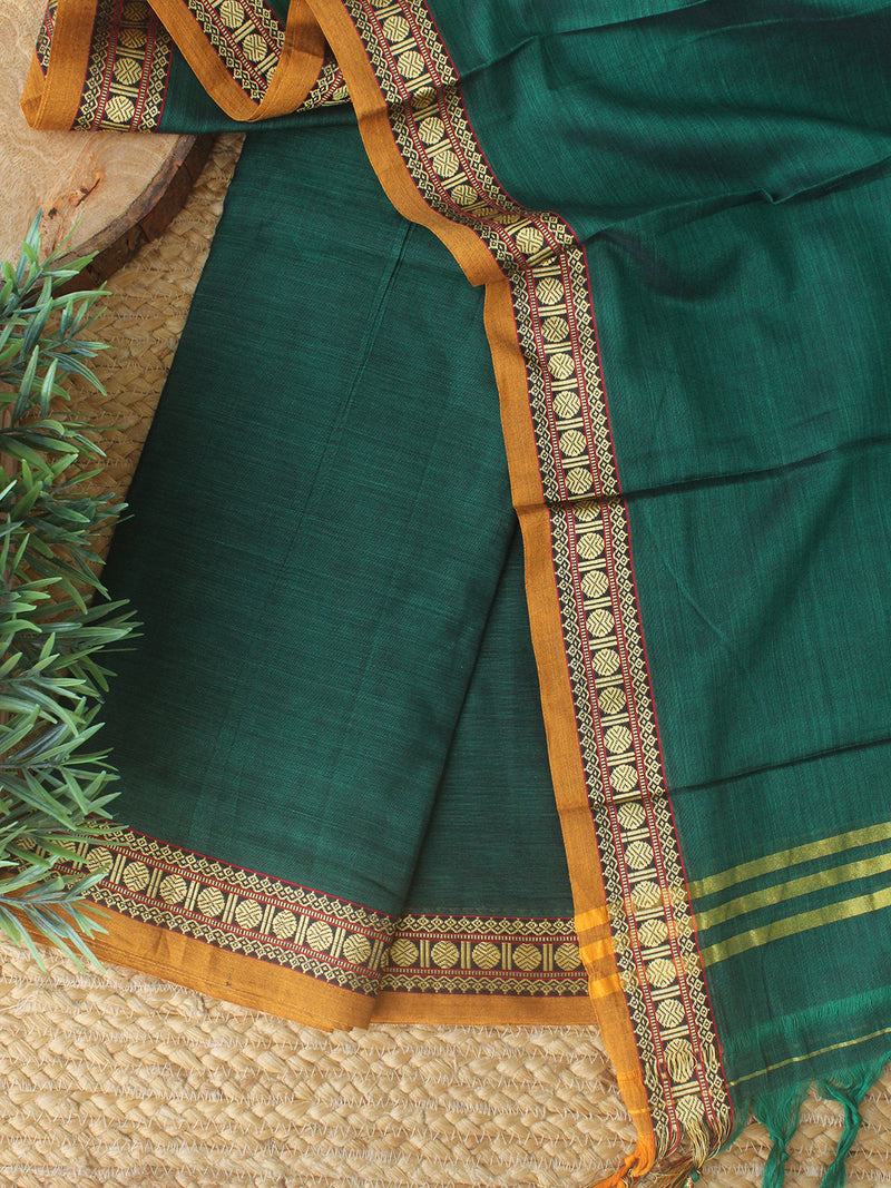 Green Dharwad Cotton Dress Material With Woven Borders