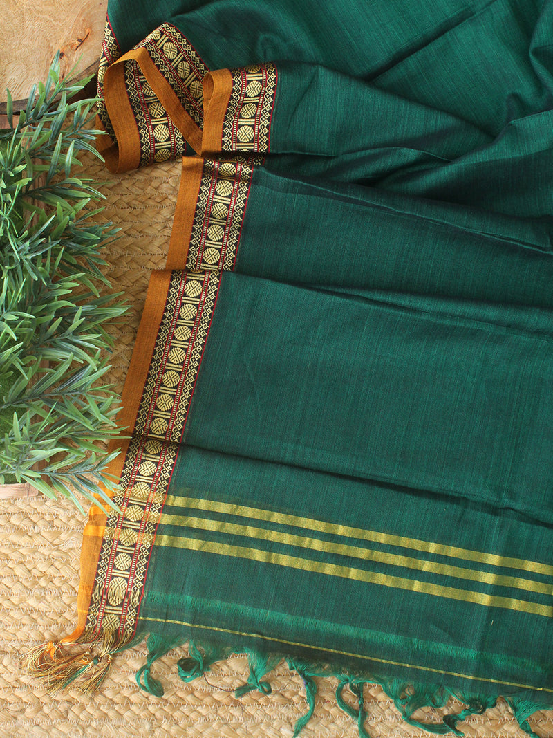 Green Dharwad Cotton Dress Material With Woven Borders
