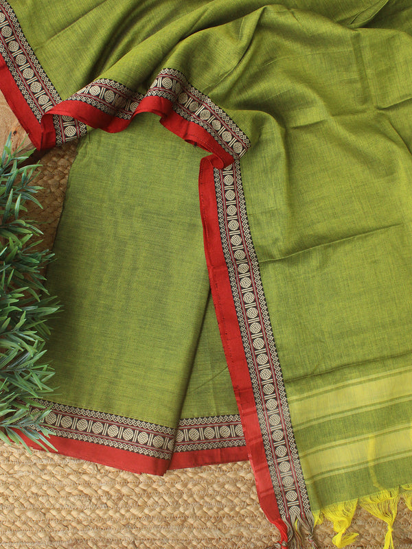 Green Dharwad Cotton Dress Material With Woven Borders