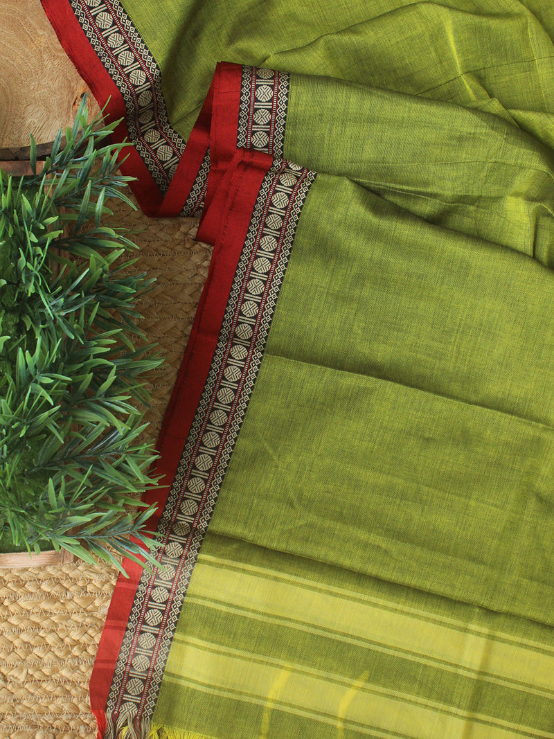 Green Dharwad Cotton Dress Material With Woven Borders