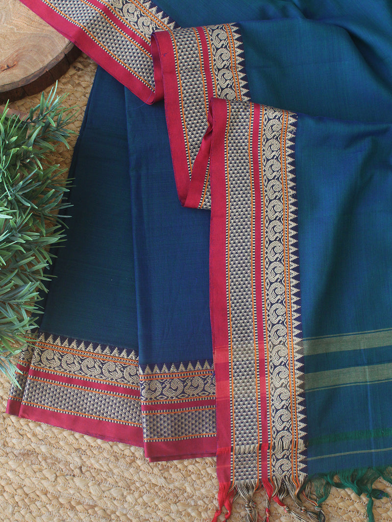Blue Dharwad Cotton Dress Material With Woven Borders