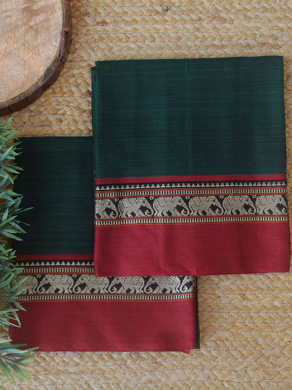 Green Dharwad Cotton Dress Material With Elephant Border