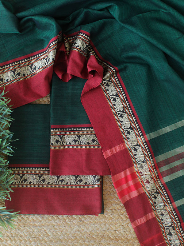 Green Dharwad Cotton Dress Material With Elephant Border