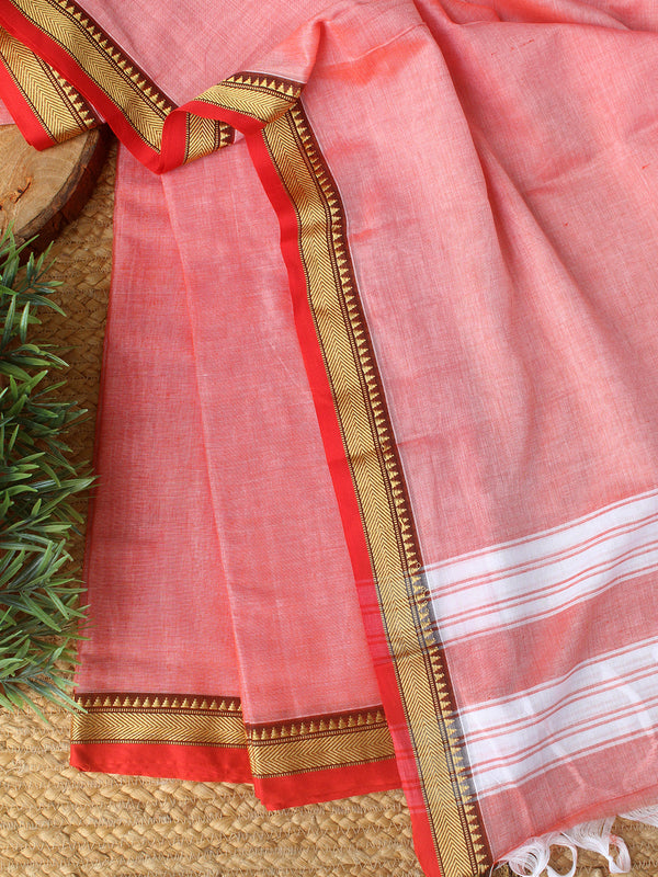 Red and White Dharwad Cotton Dress Material With Woven Borders