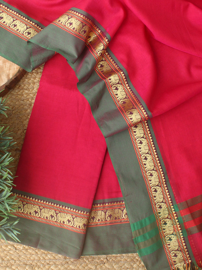 Pink Dharwad Cotton Dress Material With Elephant Borders