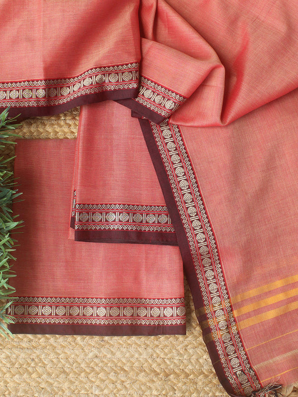 Red and Beige Dharwad Cotton Dress Material With Woven Border