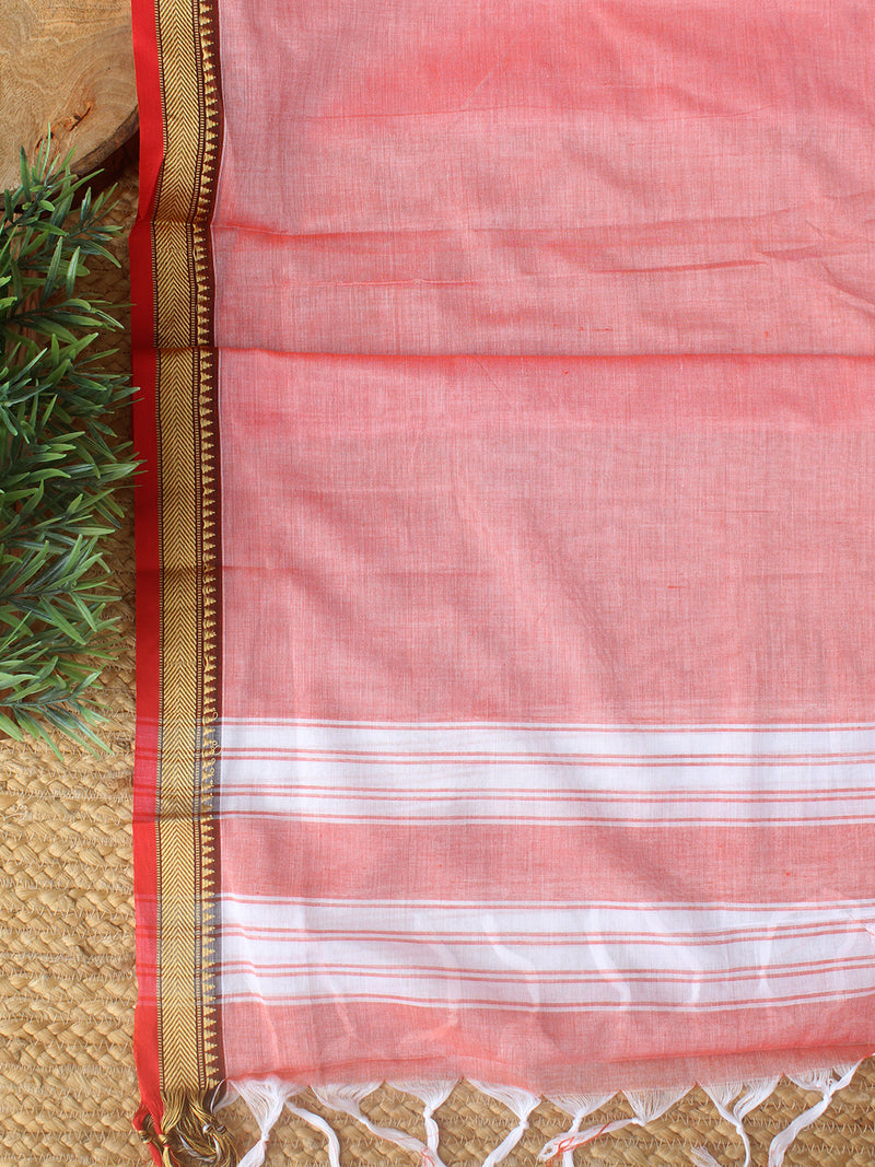 Red and White Dharwad Cotton Dress Material With Woven Borders