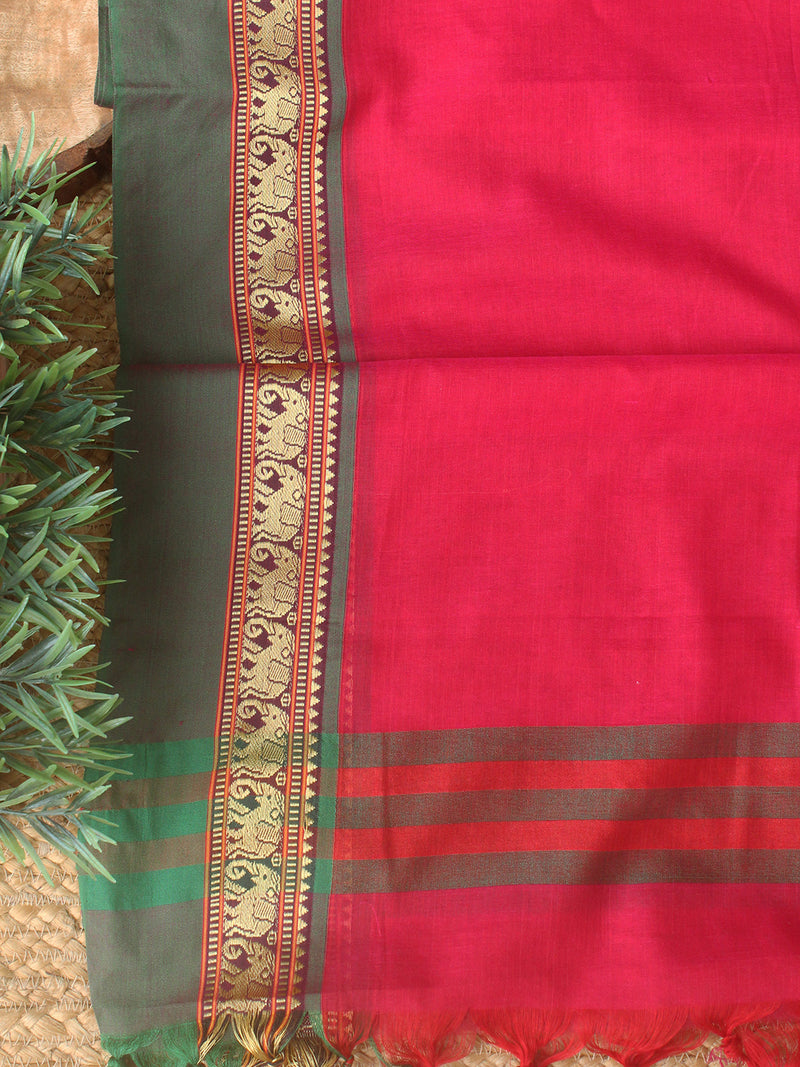 Pink Dharwad Cotton Dress Material With Elephant Borders