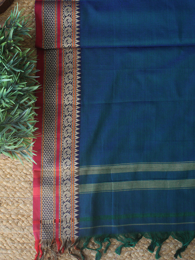 Blue Dharwad Cotton Dress Material With Woven Borders