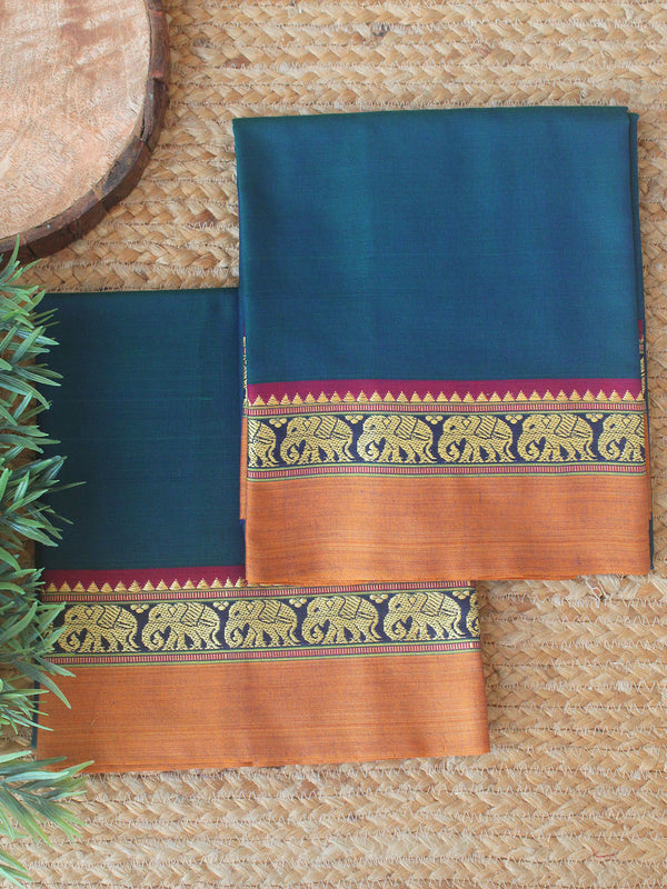 Blue and Green Dharwad Cotton Dress Material With Elephant Border