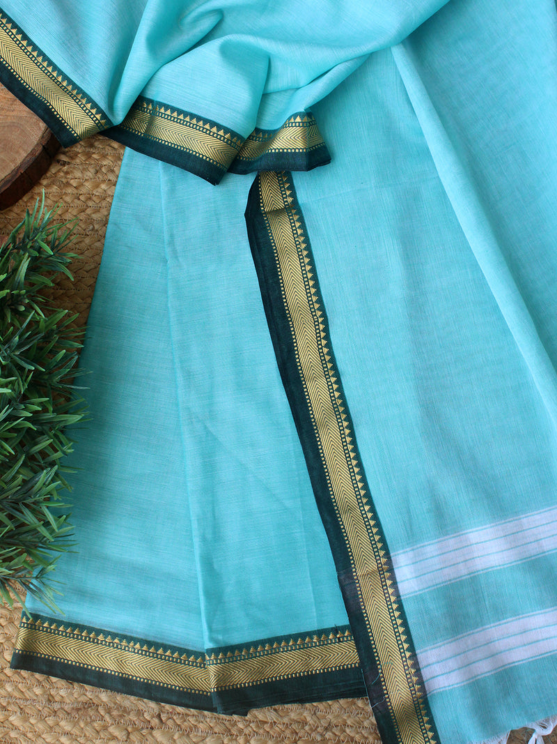 Sea Green Dharwad Cotton Dress Material With Woven Borders