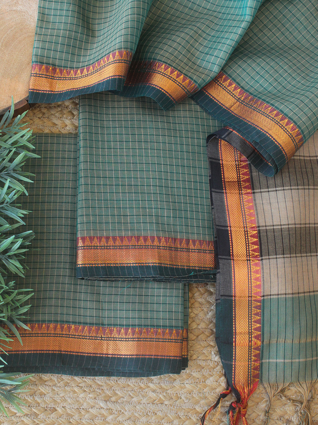 Darwan Color Green Dharwad Cotton Checks Dress Material With Woven Border – Weaves ...