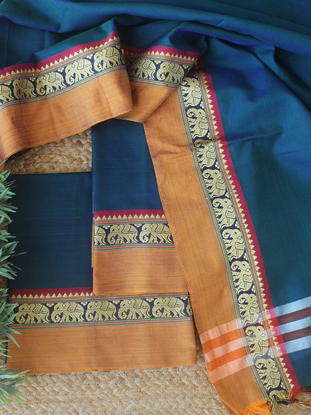 Blue and Green Dharwad Cotton Dress Material With Woven Borders