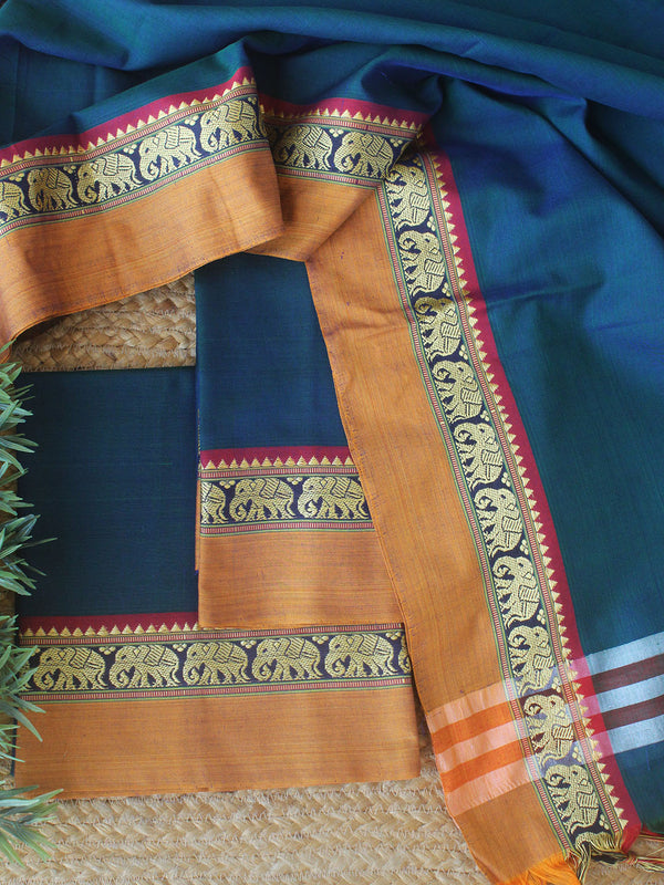 Blue and Green Dharwad Cotton Dress Material With Elephant Border