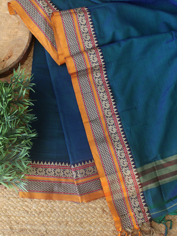 Blue Dharwad Cotton Dress Material With Woven Borders